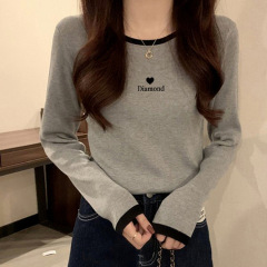正肩拼接2025春秋新款纯棉长袖t恤女小众显瘦内搭减龄撞色领上衣