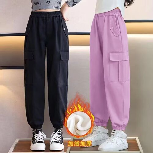 Girls 'overalls autumn and winter velvet sweatpants with leg straps for girls' middle and older children's straight loose casual pants