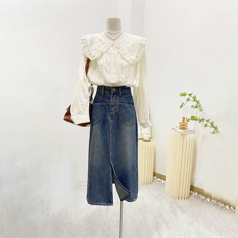 Shanlida ディ レトロ スリット デニム スカート レディース 春と秋の新しいスタイル 小さめ ハイウエスト Aライン|undefined