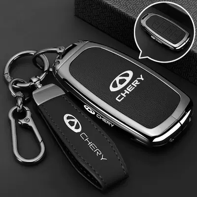 Car key bag, 8Pro Key Covers Chery Tiggo - leather-texture-chery-a-model-4-button-key-fob-black-short-lanyard-clasp