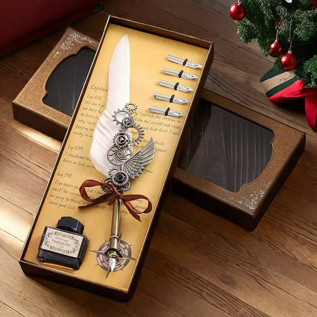 复古地图机械羽毛蘸水笔套装钢笔黄铜底座火漆印章蜡条多用途礼盒