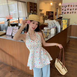 法式碎花挂脖吊带背心女夏季设计感甜美温柔修身显瘦无袖小衫上衣