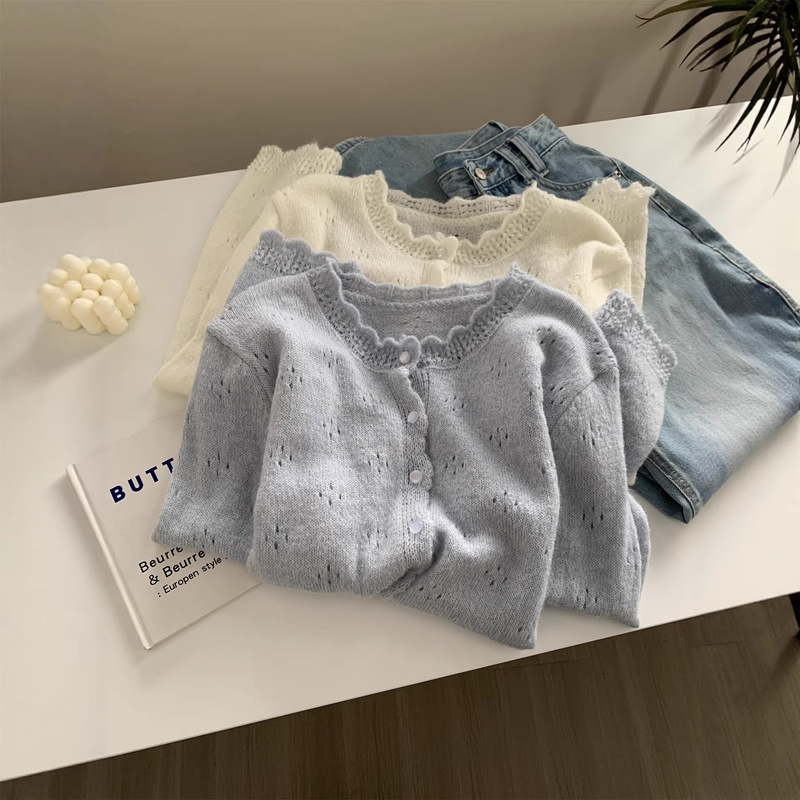 2026 Spring Korean Style Petite Vintage Wool Blend Lace Round Neck Knitted Cardigan Women's Sweater Coat