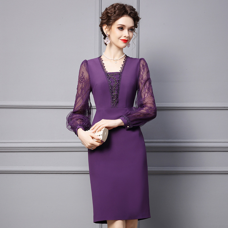 Zhili Formal Occasion Dress 2026 Spring New Style Mature Lady Style Purple Lace Long-Sleeve Slim-Fit Bodycon Dress
