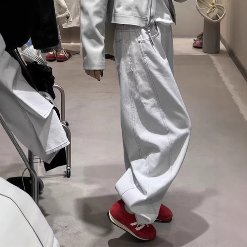 Gray-White Cropped Denim Jeans for Women, 2025 Spring/Summer Collection: Plus-Size, High-Waisted, Loose-Fit, Slimming Design with Wide Legs