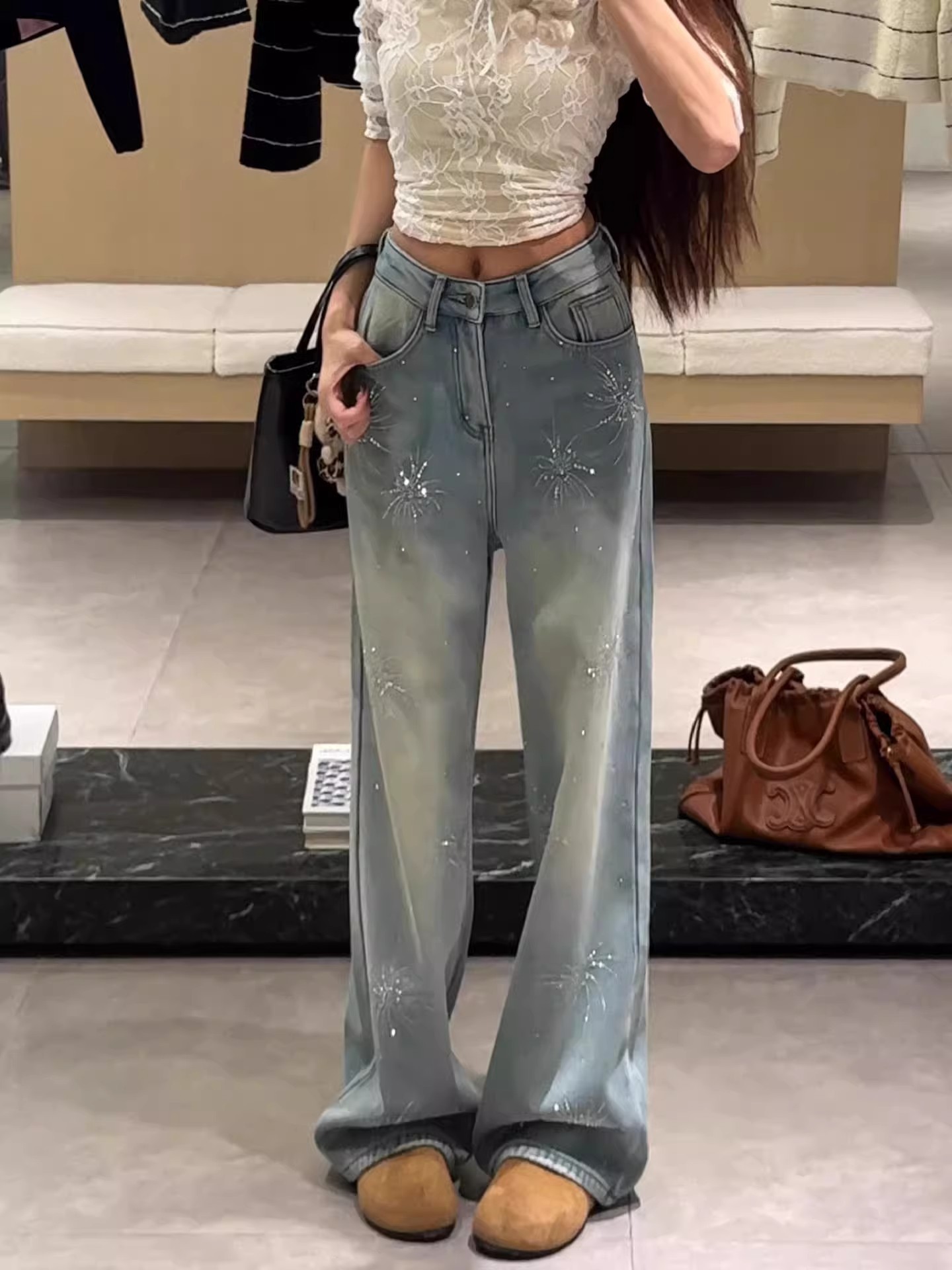 Women's Light Blue Flared Jeans With Firework Rhinestone Details_voghion.com