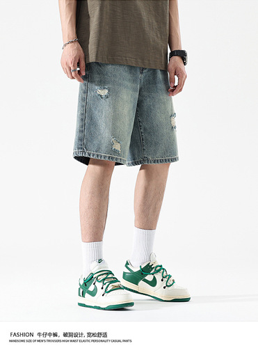 Men's American Design Style Denim Shorts 2025 Summer Hong Kong Style Ins Loose Straight Leg Casual Five-Pocket Pants