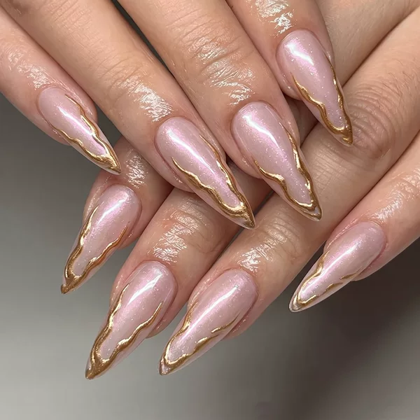Extra-long pointed nails, 3D wave design, gold-plated cat-eye glitter, sweet and cool, elegant, ins European and American style, cross-border bestseller