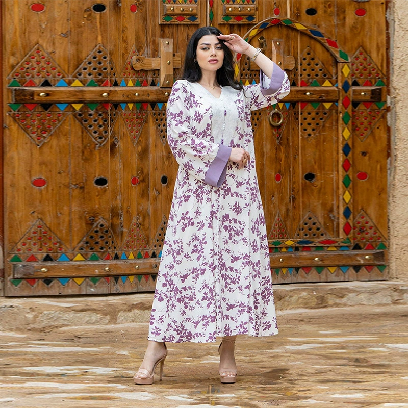 KY1345 Ближний Восток Саудовская Аравия женская мода с принтом и аппликацией халат мусульманское свободное платье из ледяного шелка с эффектом складок