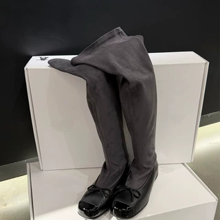 OPYY韩国同款复古牛反绒面过膝芭蕾长筒蝴蝶结堆堆靴弹力瘦瘦靴女