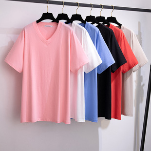 New plus fat plus size slim loose long short sleeve V collar T-shirt female 200/300/350kg 6366