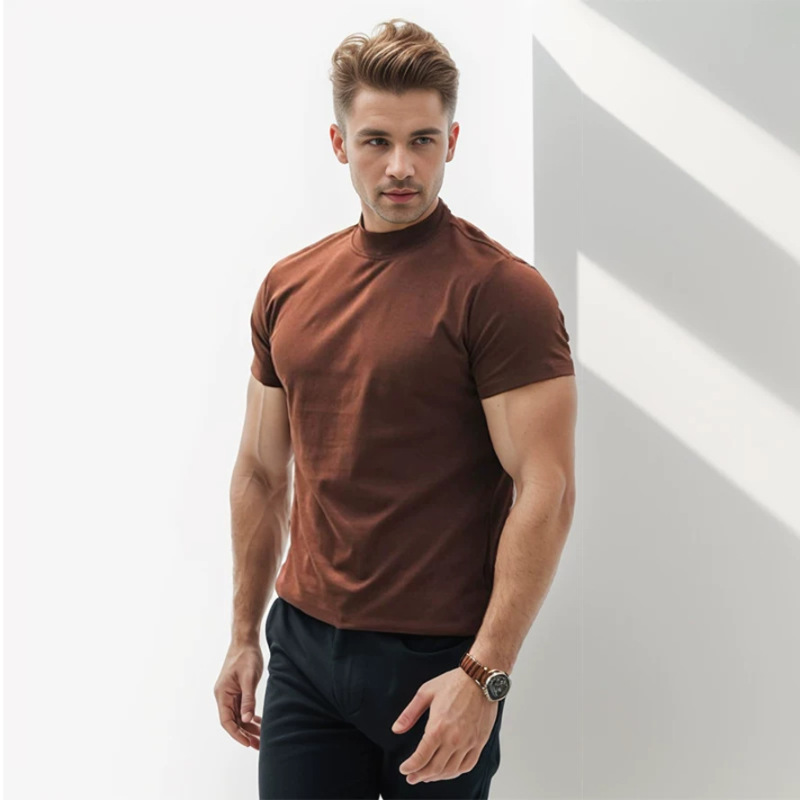 Hot-Selling Heavyweight American-Style Tough Guy Pure Cotton Half-Turtleneck Short-Sleeve T-Shirt for Muscle Men, Fitness Base Layer, Cheap Export
