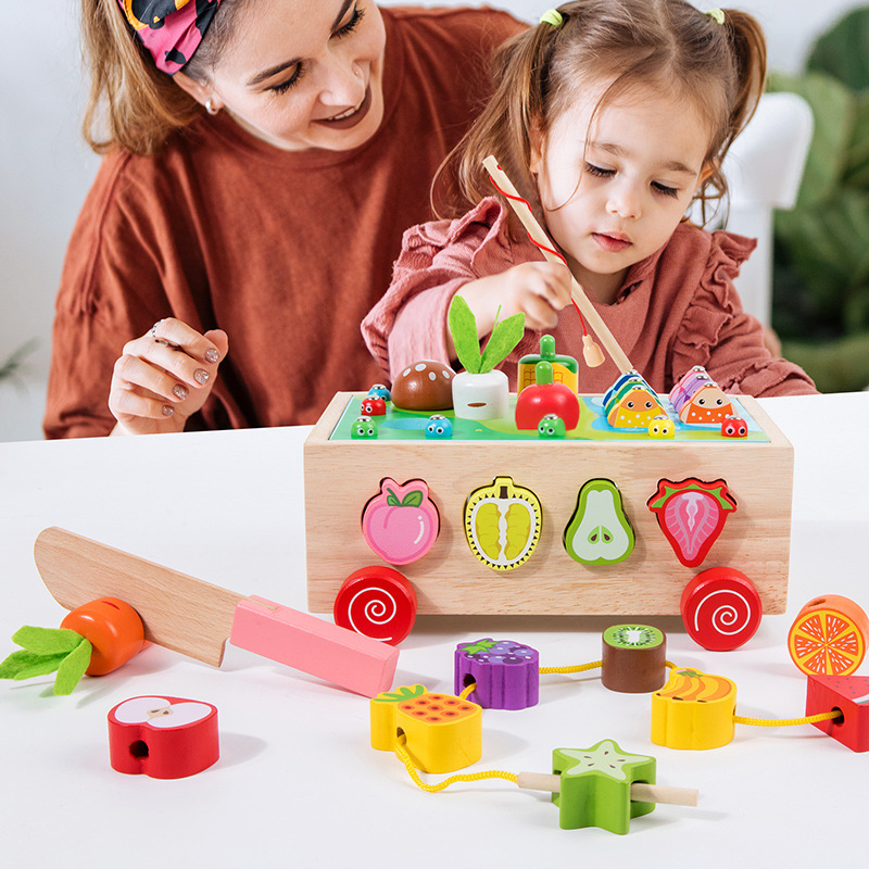 子供知育ビーズ釣り果物カットゲーム七合一多機能トレーラー玩具木製玩具