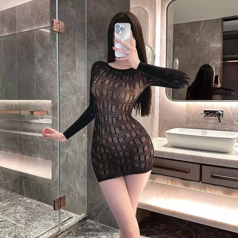 Hollow-Out Fishnet Bodysuit with Short Skirt, Long-Sleeved H-Shaped Black One Size — detail image 2