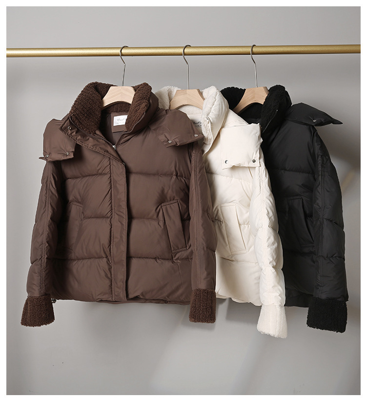 European Style Melard Coffee Color Down Jacket For Women, New High-end Lamb Wool Collar Cotton Coat, Thickened Outerwear_ecoleips.com
