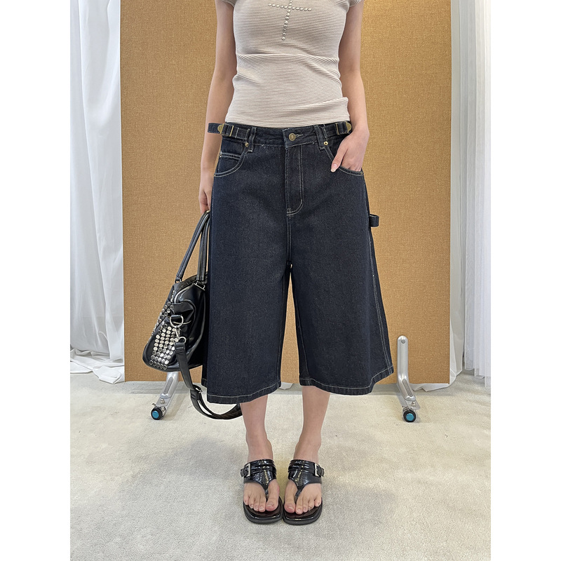 See 3L American-Style Adjustable Buckle Jeans for Women, New Summer Style, Loose Straight Wide-Leg Cropped Pants 0226