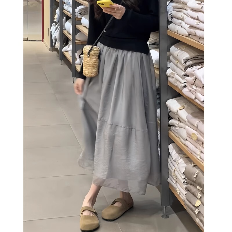 Grey Chiffon Skirt Women's Summer 2025 New High Waist Slimming A- Line Skirt French Style Elegant Veil Skirt