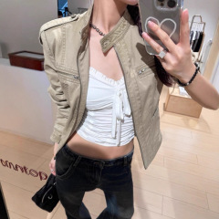 立领做旧美式复古短款牛仔外套女早秋新款正肩夹克上衣