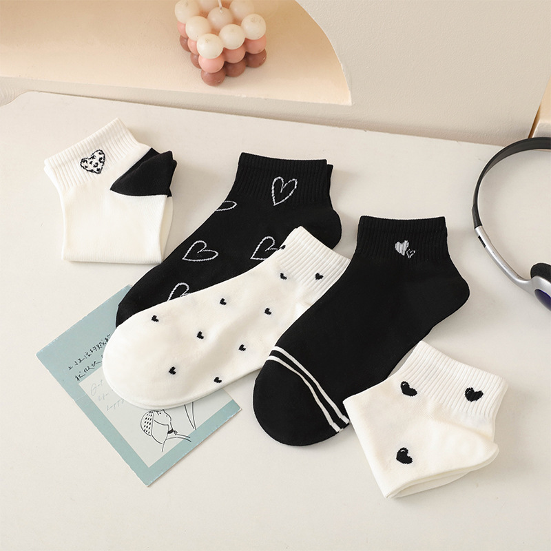 Women's Short Socks Spring Thin Cute Japanese Style Cotton Socks Sweat-Absorbent Black and White Summer Breathable Boat Socks Trendy Cotton