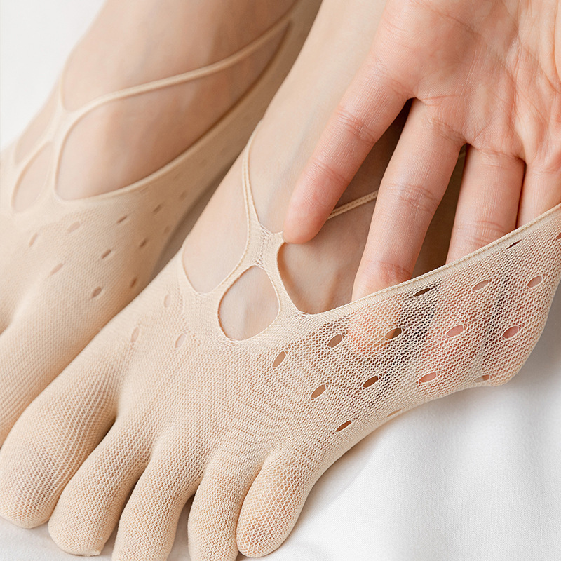 Five-Toe Socks for Women in Summer, Ultra-Thin Mesh Shallow Mouth Invisible Boat Socks, Non-Slip Stockings, Toe Anti-Falling Split-Toe Socks, Breathable