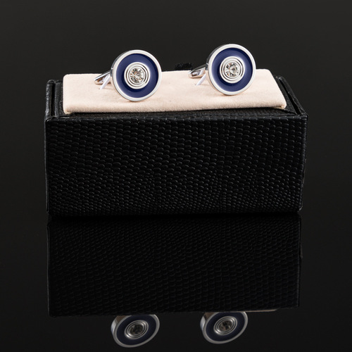 New Arrival Round Electroplated Silver-Color Blue Enamel Diamond-Inlaid Metal Cufflinks — Wholesale French-Style Cufflinks for Foreign Trade
