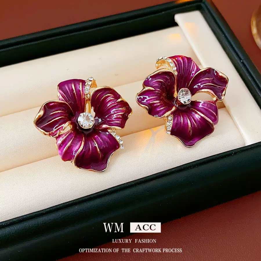 中古vintage轻奢耳夹银针镶钻滴油花朵耳钉百搭高级感复古耳饰女