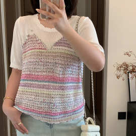 爱元DD 2026年春季新款大码女装胖MM显瘦撞色条纹针织衫F771