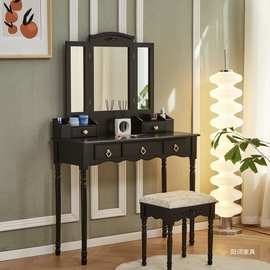 美式复古深色实木梳妆台带镜带凳卧室梳妆桌化妆台小户型收纳一体