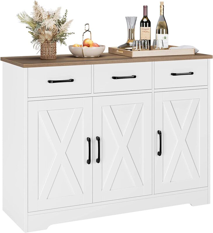 Modern Farmhouse Sideboard Buffet Cabinet Barn Door Self Storage Cabinet with Drawers and Shelves Wood Coffee Bar Cabinet