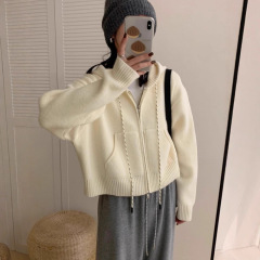 韩版休闲连帽毛衣外套女秋冬新款气质慵懒风短款拉链针织开衫上衣