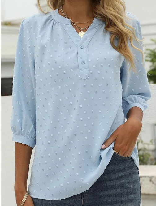 Amazon European and American Cross-Border Women's Clothing New Solid Color Shirt Elegant Commuter V-Neck Jacquard Top Hot-Selling and Graceful