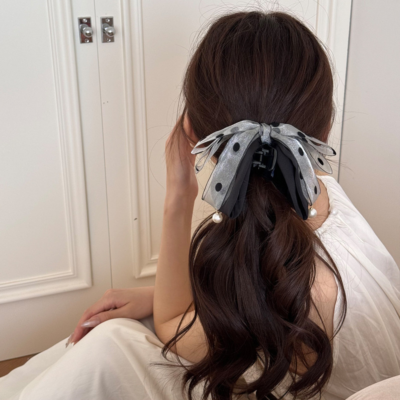 韓国風高級感のあるメッシュ水玉グレーのリボン付きポニーテールクリップ、女性用多用途で上品な後頭部ヘアクリップアクセサリー|undefined
