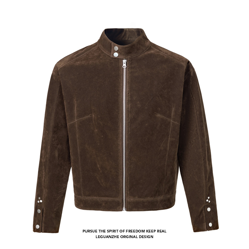 "Modern Era" Retro Maillard Autumn Cleanfit Short Suede Leather Harrington Flight Jacket_voghion.com