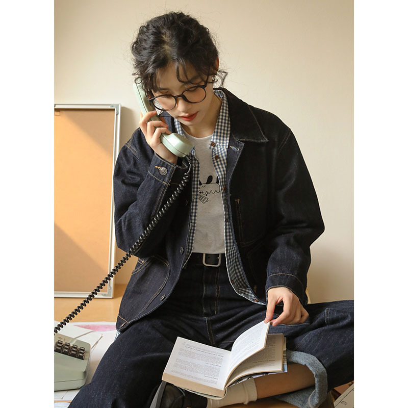 日系文艺气质牛仔衬衫外套女长袖2025秋季款Polo领单排扣短款夹克|undefined