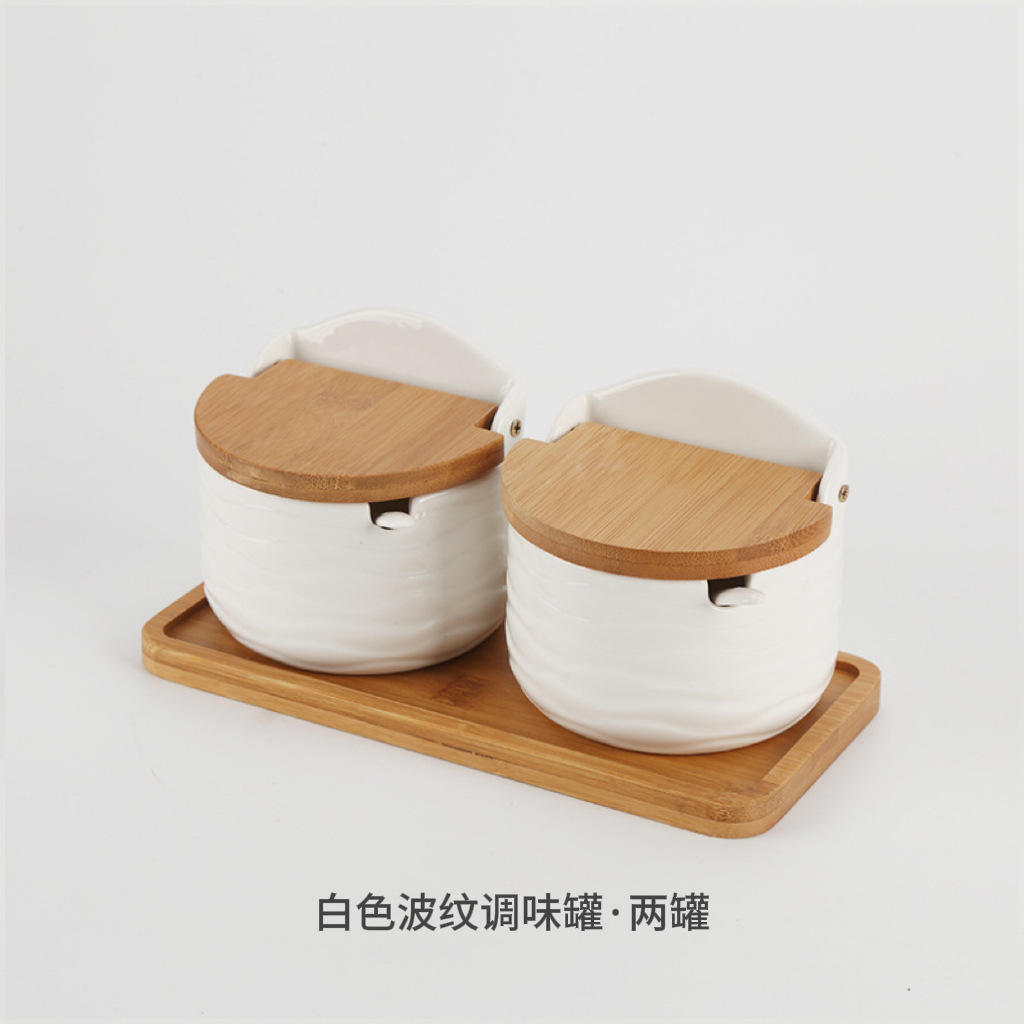 Tarro de condimento de tapa de madera de bambú de cerámica japonesa, caja de condimento, tanque de almacenamiento de condimento de cocina, juego de tarro de azúcar de sal para el hogar de restaurante