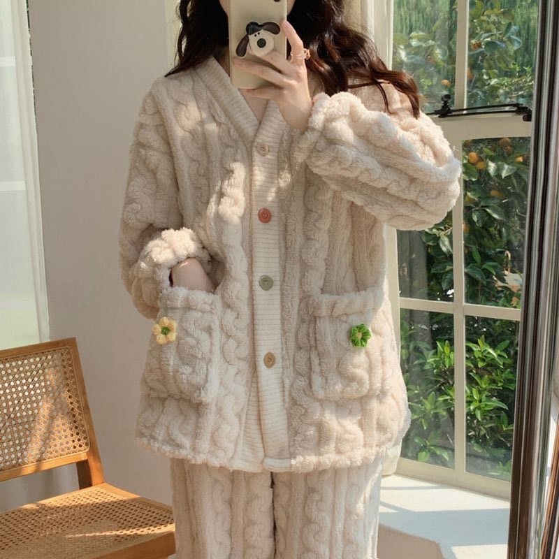 开衫v领睡衣女秋冬加厚加绒甜蜜蜜小花朵家居服珊瑚绒睡衣套装|undefined