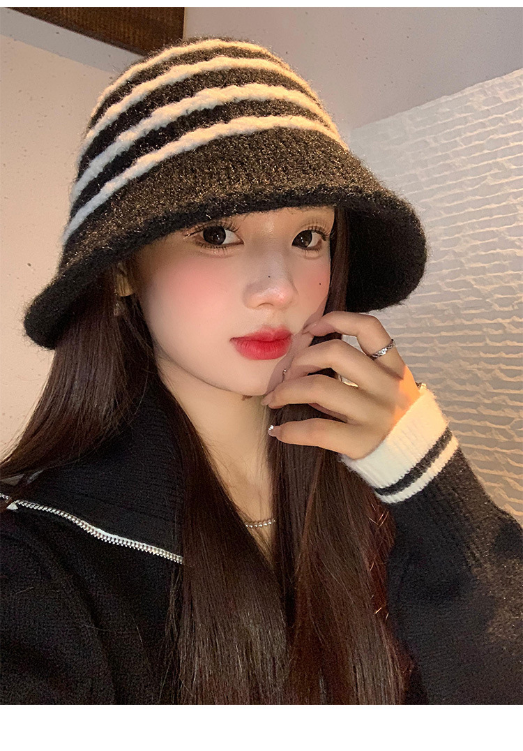 Cappello da pescatore in peluche retrò a righe in stile giapponese per donna, autunno e inverno, caldo, versatile, a tesa larga, snellente per il viso_voghion.com