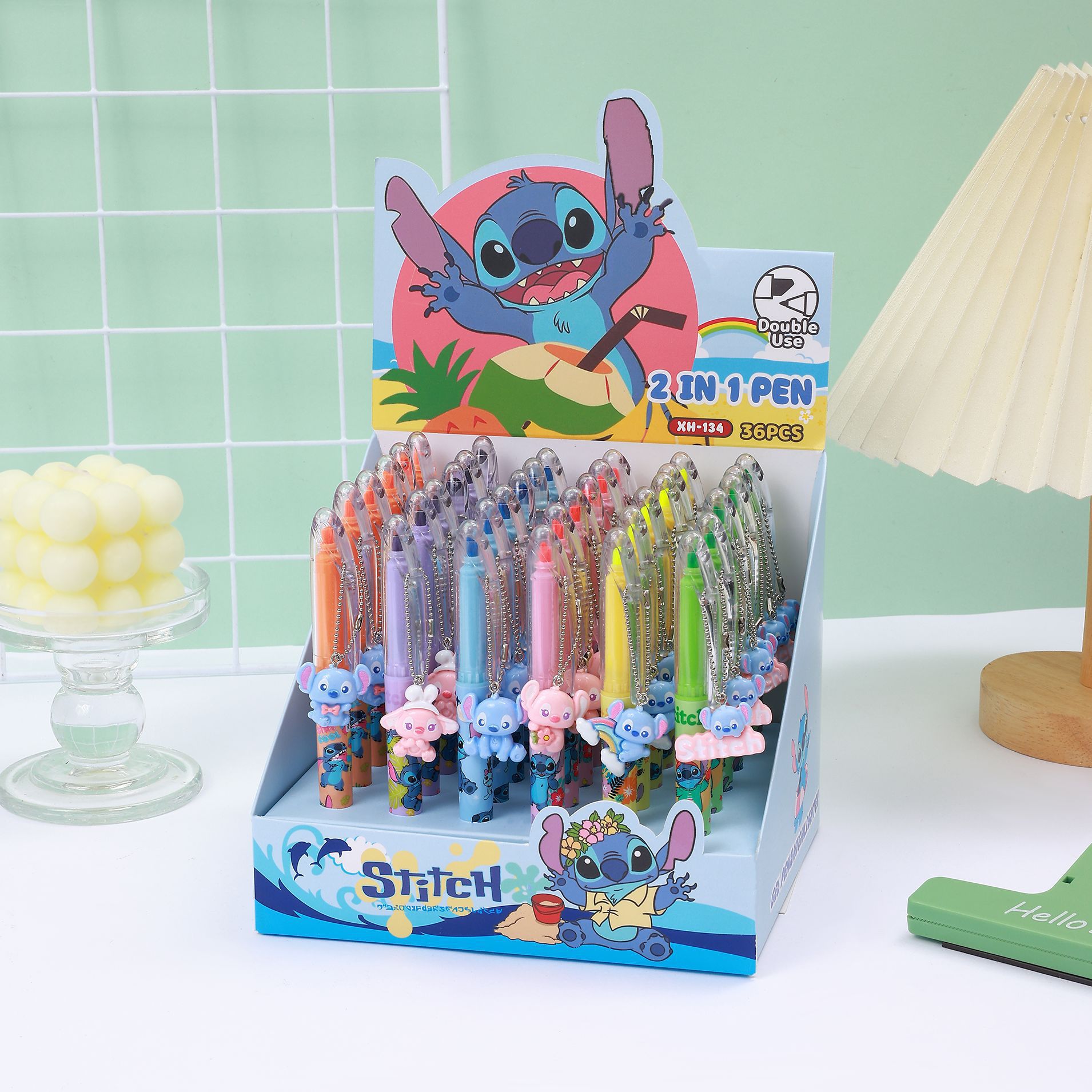 Stitch Gestion de doble cabeza resaltador colgante de dibujos animados de seis colores bolígrafo negro bolígrafo de notas de dibujos animados estudiante papelería transfronteriza