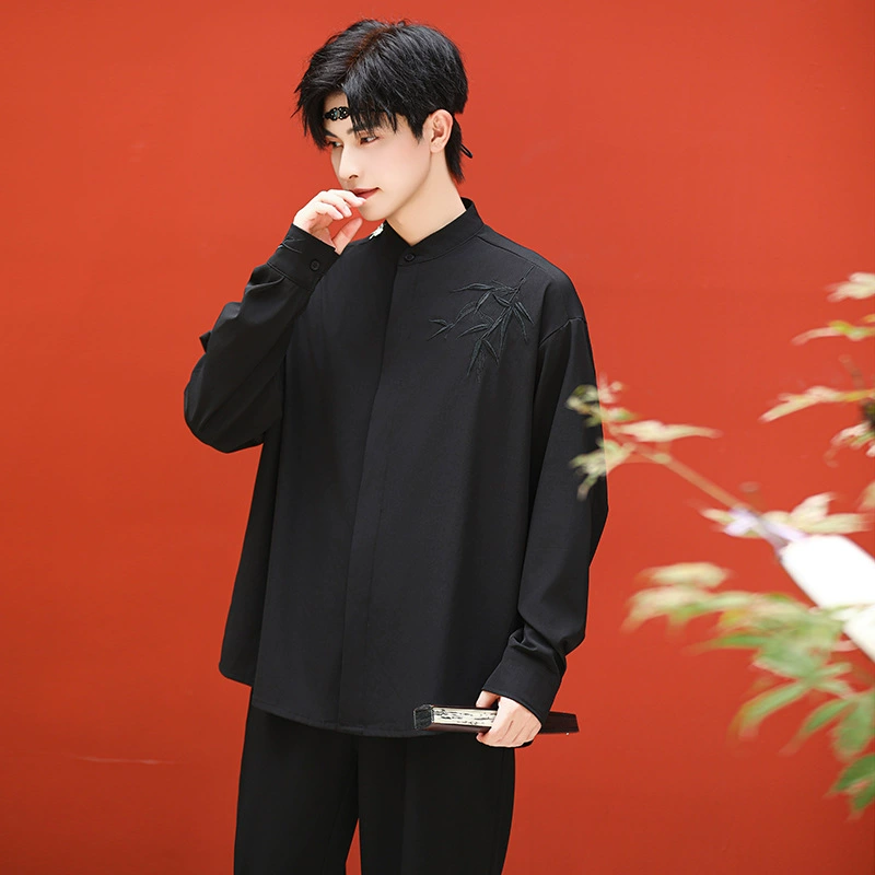 Настоящий выстрел в стиле ретро вышитый топ с длинными рукавами, эластичный черный брюки, мужской костюм 5802