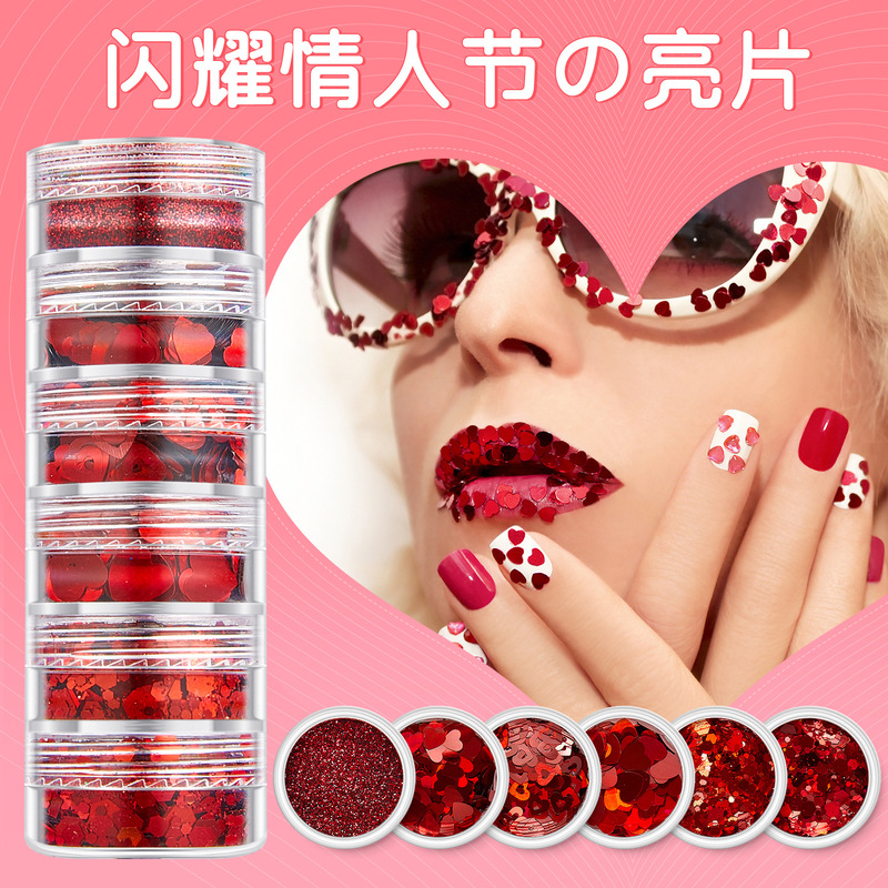 Cross Border Valentine's Day Nail Art Sequins Red Love Nail Glitter Sequins Glitter Powder Nail Decal Art Decor