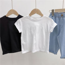 男女童100%纯棉短袖T恤夏季圆领黑白纯色中小儿童半袖宝宝打底衫