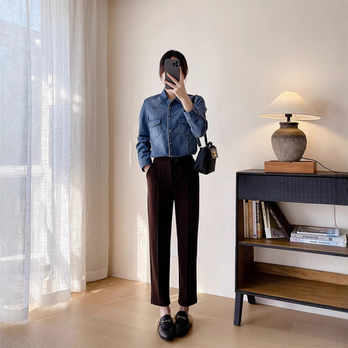 High-end European style padded warm denim shirt for casual layering, inner wear, regular shoulder fit, slimming women's autumn/winter new shirt