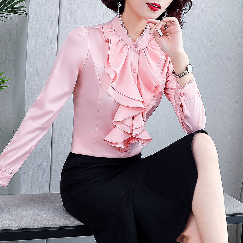 Long Sleeve ruffled shirt elegant commuter cardigan New Spring stand collar solid color slim women's top white shirt
