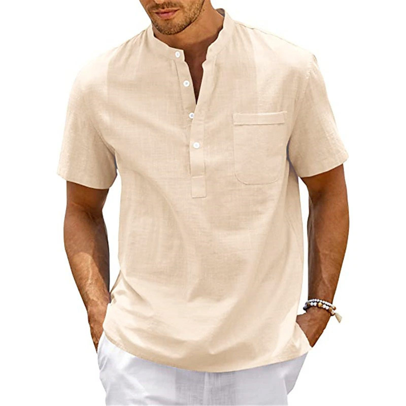 Herren Baumwollleinen Pullover Hemd Mit Stehkragen Kurzarm_voghion.com