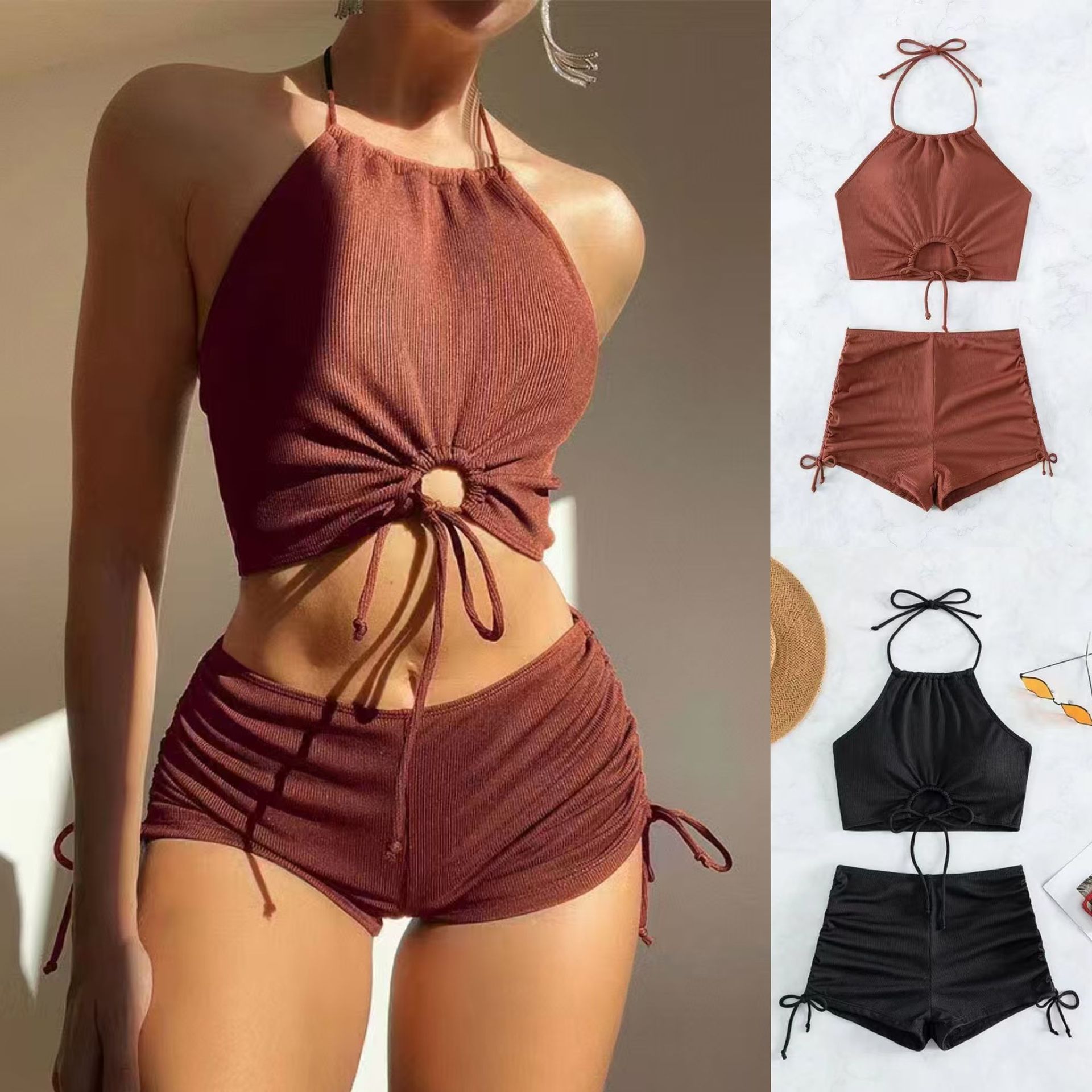 Women's Style Two Piece Swimsuit Ribbed Halter Neck Open Back Drawstring Solid Color Cutout Design_ecoleips.com