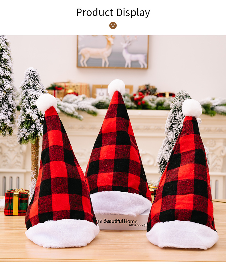 Christmas New Christmas Decoration Plush Edge Plaid Christmas Hat High-end Children's Red and Black Hat Adult Hat_voghion.com