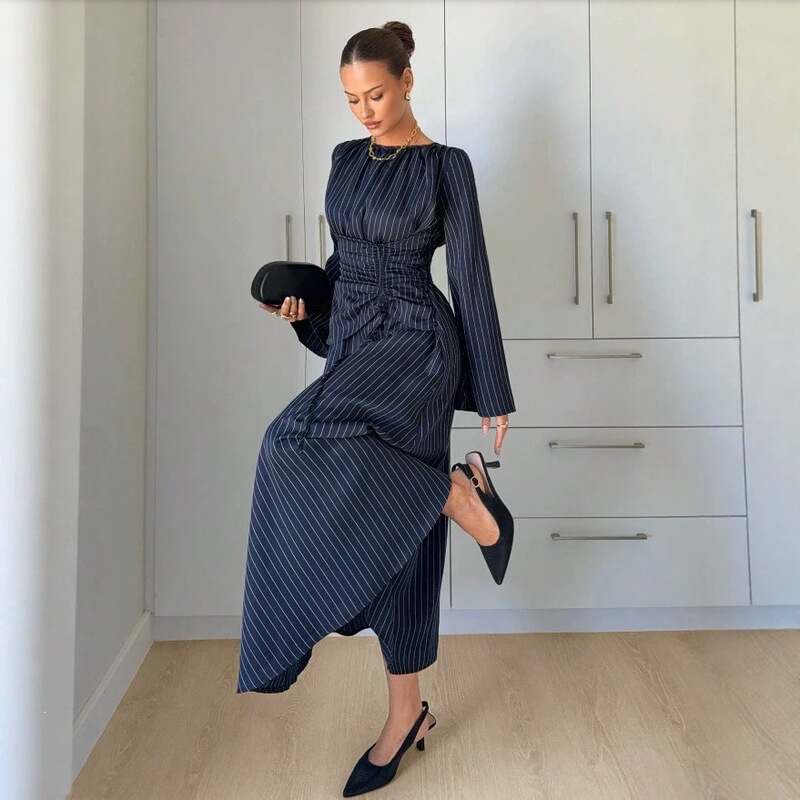 New Cross-Border Style Vertical Striped Long-Sleeve Long Dress, Round Neck, Ruched Waist, Slimming, High-End Feel, Office Dress New Cross-Border Style Vertical Striped Long-Sleeve Long Dress, Round Neck, Ruched Waist, Slimming, High-End Feel, Office Dress