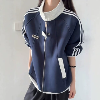 美式学院风条纹开衫卫衣男秋季重磅休闲拉链外套潮牌撞色立领夹克