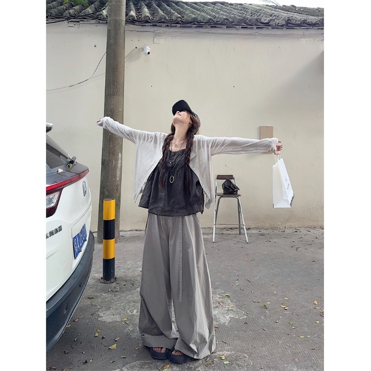韩系休闲套装女夏季2025新款薄款开衫减龄吊带背心高腰阔腿拖地裤|undefined