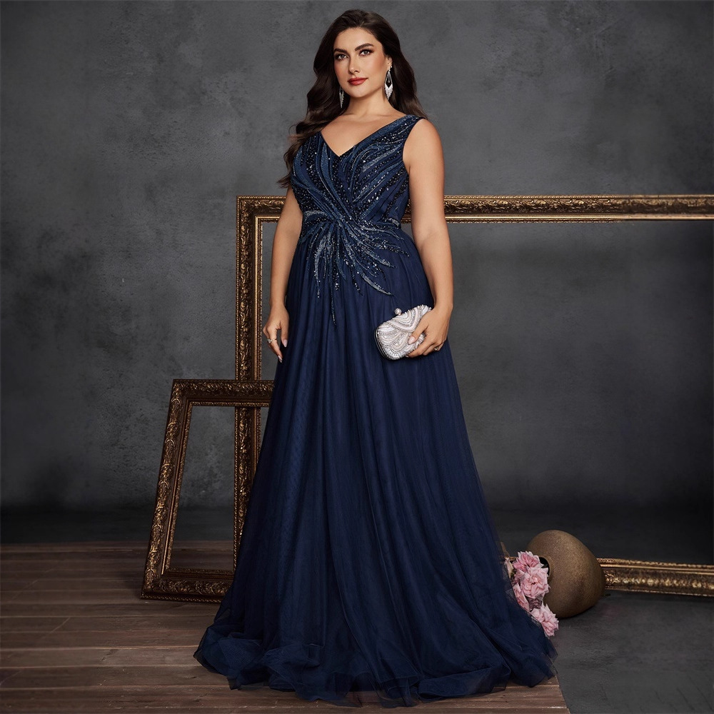 European and American Amazon Cross-Border Plus Size Fat Woman's Elegant Cocktail Party Formal Evening Dress Embroidered Beaded Mother's Dress